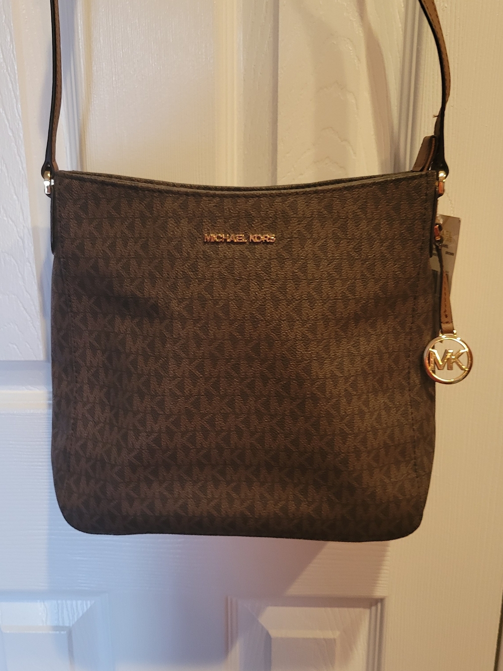 Michael Kors Dark Brown Signature Shoulder Bag with Gold Charm